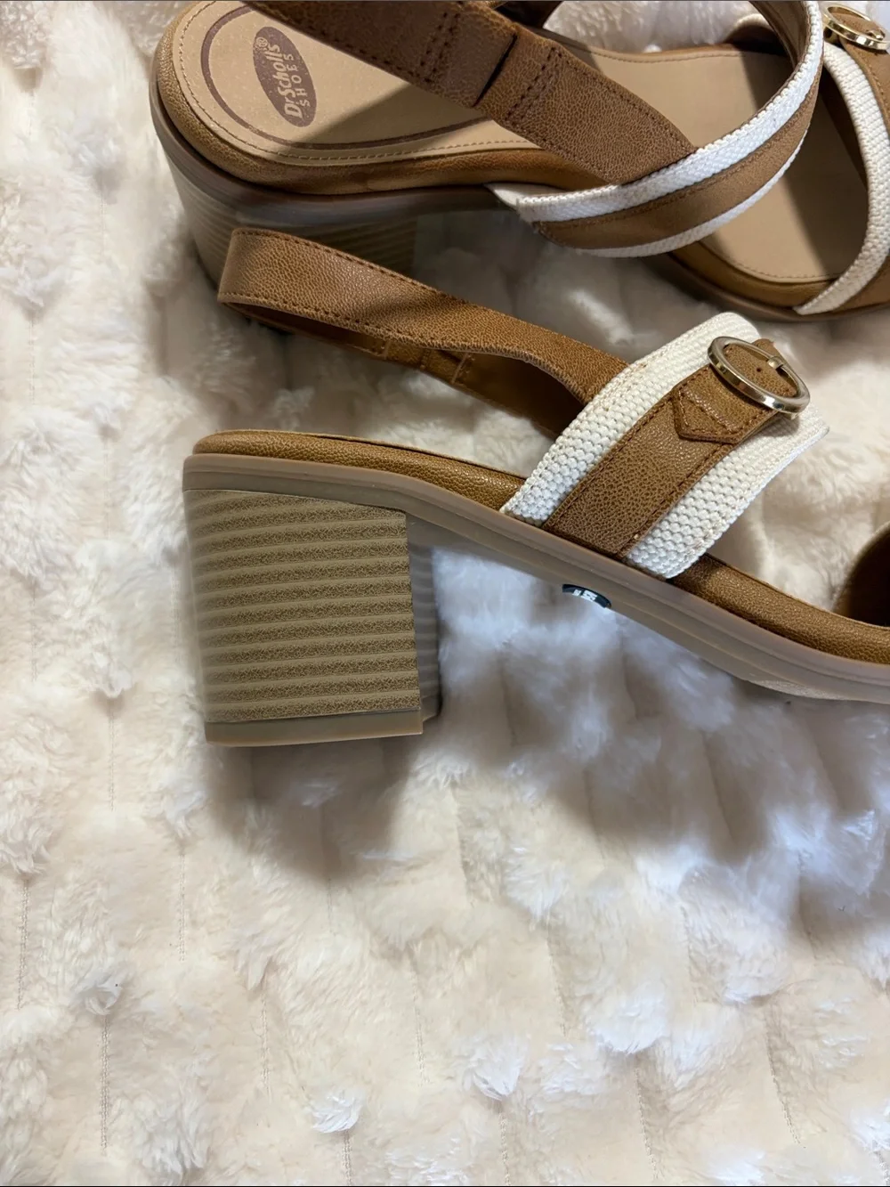 Dr. Scholl's Tan and White Buckle Slingback Sandals